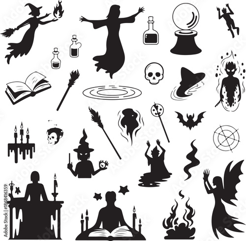 black silhouette halloween magic icons set on white background