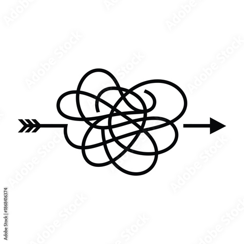 Black arrow piercing through a complex knot of tangled lines on white background