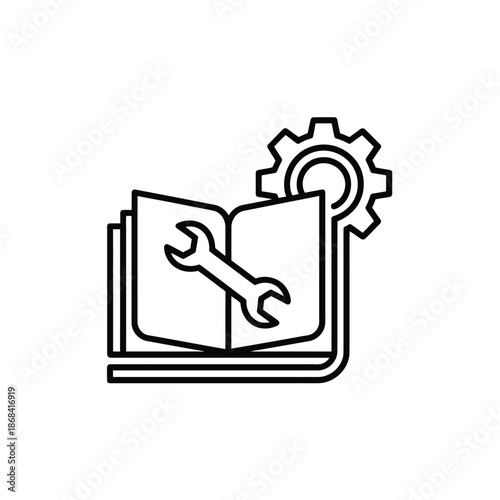 Book with wrench and gear symbolizing maintenance and learning