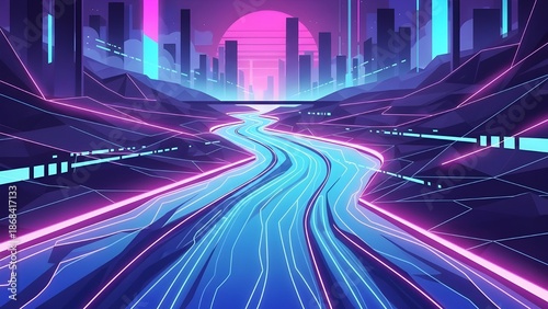 Futuristic gradient riverscape, with neon-bled contour lines and pixel-flare trails, synthwave vector backdrop