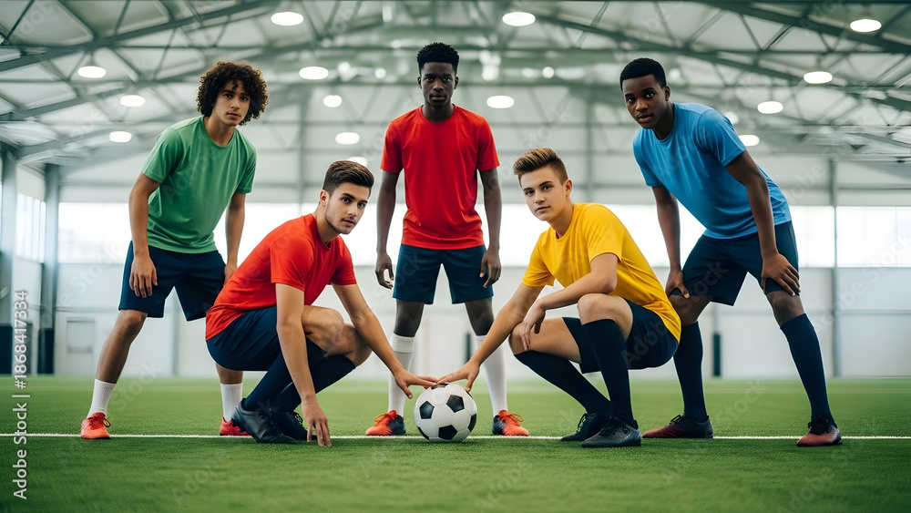 Obraz premium Group of five diverse young male soccer players in colorful athletic wear posing on indoor field with soccer ball ready for game or practice session in sports facility