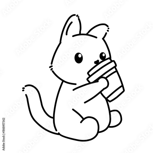 Cute cat holding a to go coffee cup, simple cartoon cat line art outline illustration.