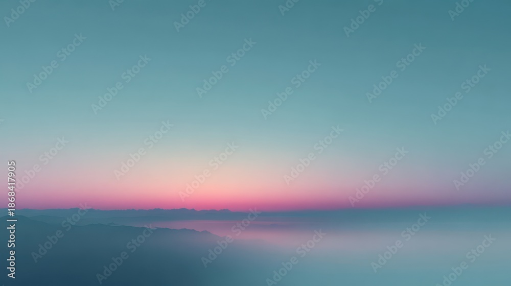 Fototapeta premium Serene Dusk Sky with Soft Hues of Pink and Blue Over Mountains