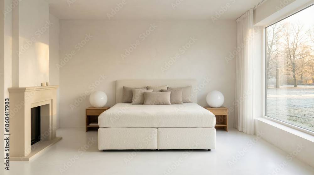 Fototapeta premium Modern minimalist bedroom interior with fireplace and large window view of winter nature