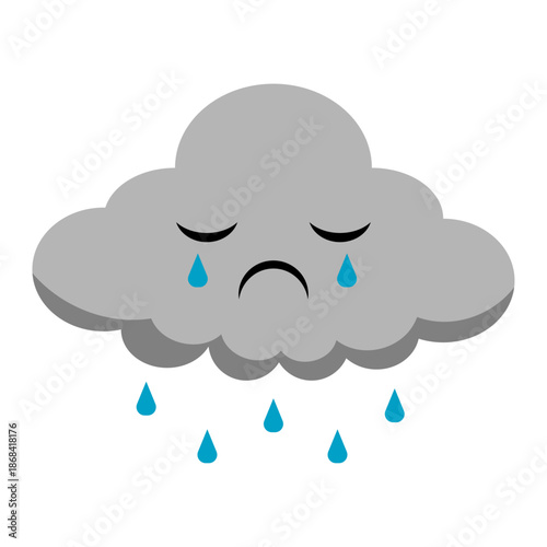 grey cloud with sad face and blue rain drops flat vector illustration isolated on white. concept of mental health