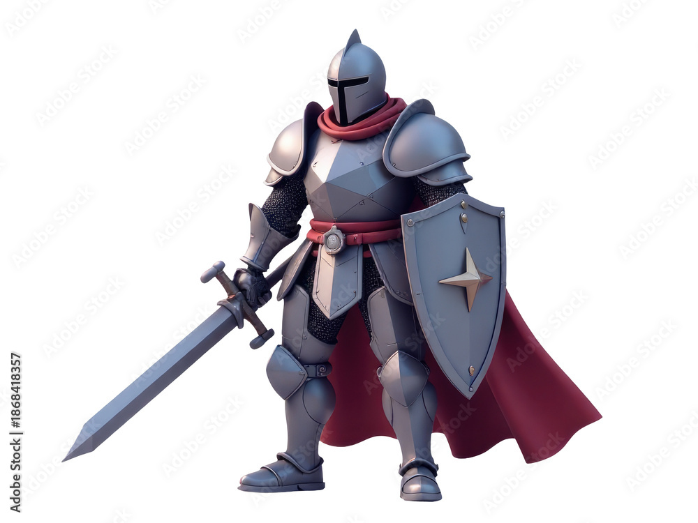 Fototapeta premium A medieval knight stands proudly with his sword and shield on a white background, ready for battle