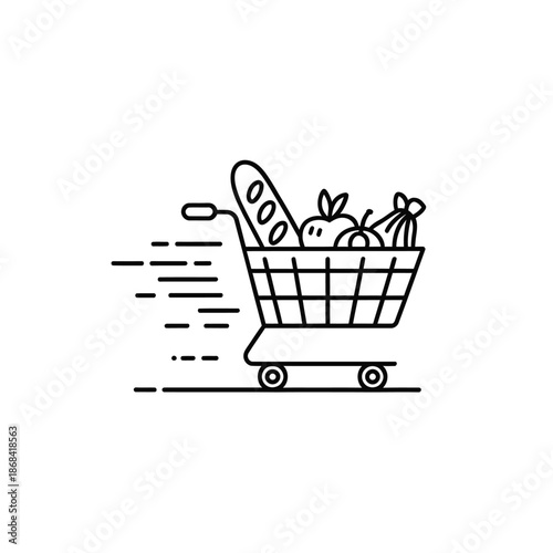 Shopping cart with fresh produce and bread moving quickly