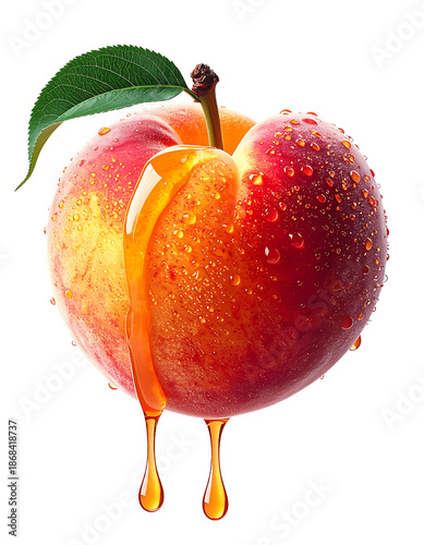Fresh ripe peach with water droplets and dripping sweet nectar, representing natural refreshment and summer fruit.