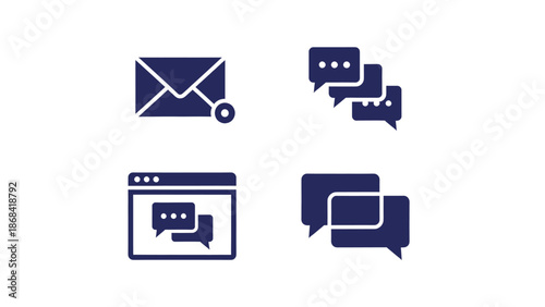 A collection of four communication and messaging icons in a flat design style