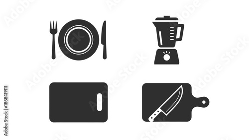 A collection of kitchen utensils and dining icons for cooking and eating