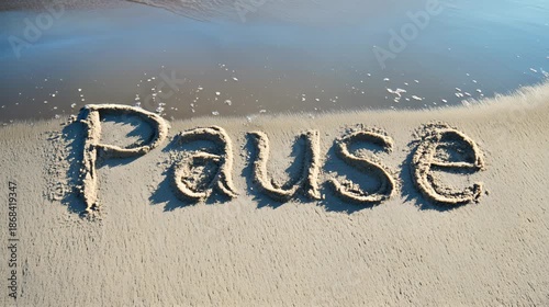 The word “Pause” is drawn on the sand, and a sea wave is approaching the inscription. A break from work.