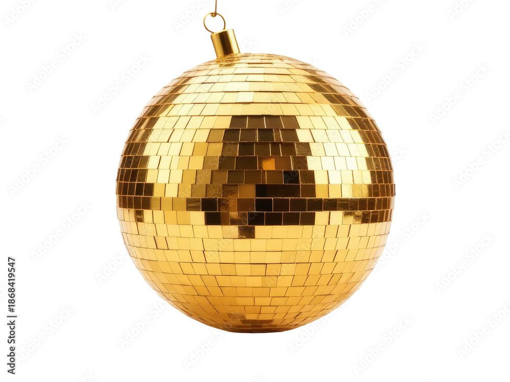 Fototapeta premium A shiny gold disco ball pendant suspended from a string, ideal for parties and celebrations