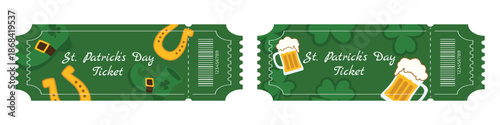 Set of green Saint Patrick Day festival tickets with horseshoes leprechaun boots beer and shamrocks