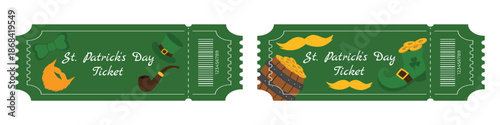 Set of green Saint Patrick Day festival tickets with barrel of gold shamrocks beard hat boots bows mustache and pipe