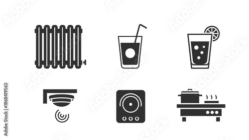 A collection of black silhouette icons for household items and beverages on a white background.