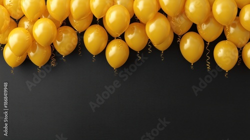 Yellow Balloons with Ribbons Against a Black Background for Party Decorations