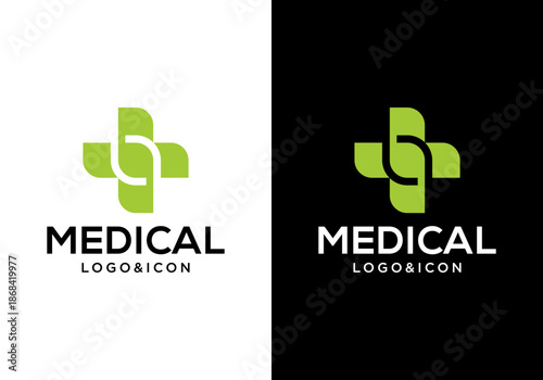 Medical logo icon design vector. Medical cross logo with leaf.