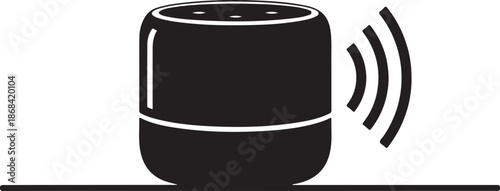 Simple black and white icon representing a smart voice activated speaker broadcasting audio signals wirelessly from a surface