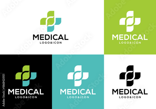 medical cross logo icon design vector with leaf.