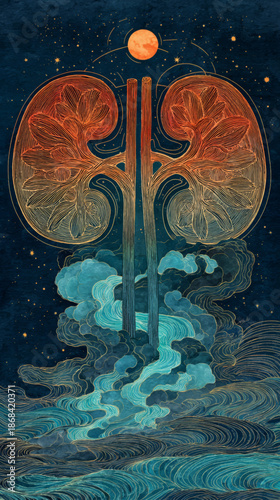 Golden human kidneys floating in cosmic waves, symbolic renal health illustration blending medical science and celestial abstract design