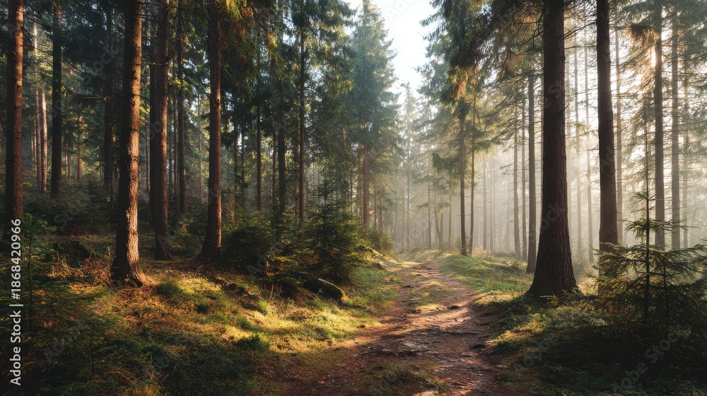 Fototapeta premium Serene Forest Pathway Surrounded by Tall Evergreens and Sunlight