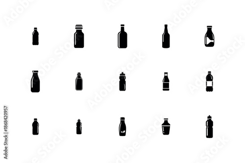 set of different water bottle design Beverage Bottle and Plastic Water Container Silhouette Vector Set