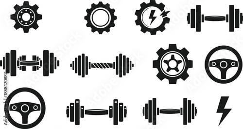 Fitness and mechanical icons set, dumbbells gears energy symbols, gym equipment strength training, industrial power illustrations isolated white background vector