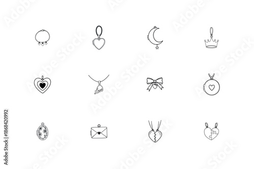 group of valentine day locket design Jewelry Necklace and Locket Pendant Line Art Vector Collection