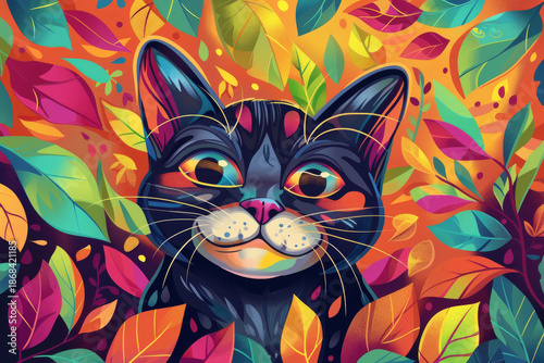 Colorful Feline Scene, Lively Black Cat With Golden Whiskers Surrounded By Luminous Leaves In Cozy Setting