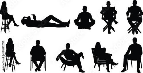People silhouettes sitting and relaxing poses, men and women seated on chairs, sofas and floor, black figures isolated white background