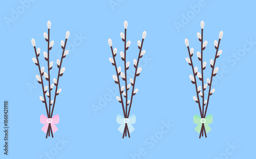 Blooming willow branches set isolated on a blue background. Symbol of Happy Easter. Vector illustration, colored icon. Flat style.