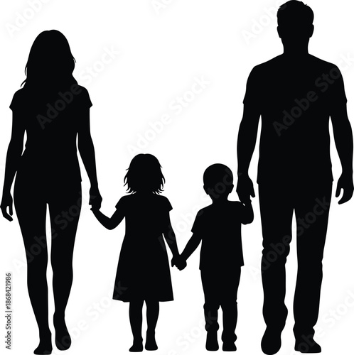 Black silhouette of a family of four parents and two children holding hands white background
