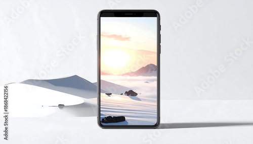 Smartphone Displaying Serene Landscape at Sunset.