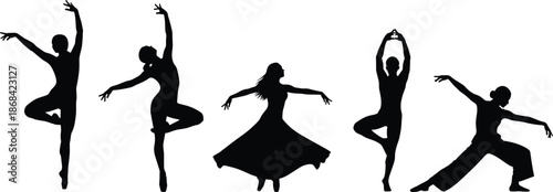 Black silhouettes of five dancers performing ballet and modern dance poses on white background