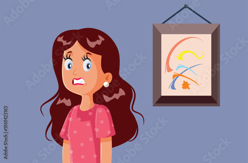 Woman Dislikes Modern Art for Being Abstract Vector Illustration. Artwork failing to impress the public being overly simplistic 
