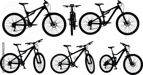 Black silhouettes of multiple mountain bikes in various positions and angles bicycle