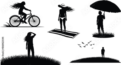 Black silhouettes of people enjoying summer activities on a white background beach
