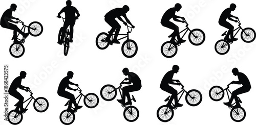 Black silhouettes of men performing bicycle stunts on white background bike cyclist