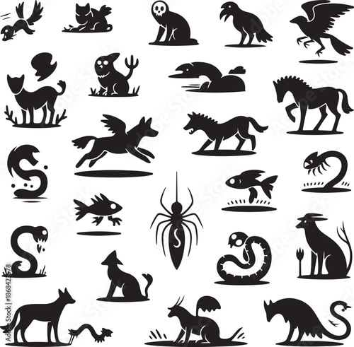 black silhouettes of various animals on white background