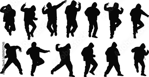 Black silhouettes of people in hoodies dancing and posing against a white background