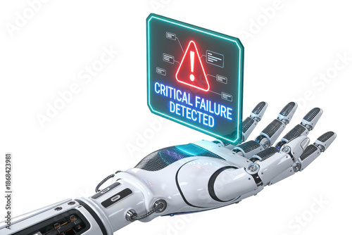 Robotic hand displaying a digital warning panel, representing AI error detection, system alerts, and critical failure monitoring. Isolated PNG clipart for cybersecurity and technology diagnostics