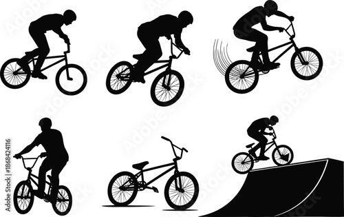 Black silhouettes of people riding bicycles in various action poses bike cycling