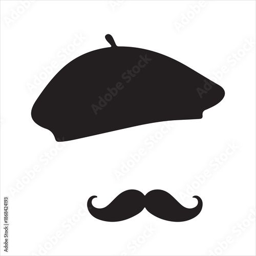Beret hat and moustache silhouette, Black french beret hat silhouette vector illustration, 