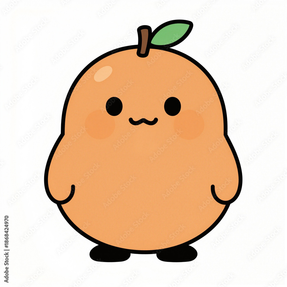 Obraz premium Cute round orange fruit character with leaf, cartoon kawaii style on white background