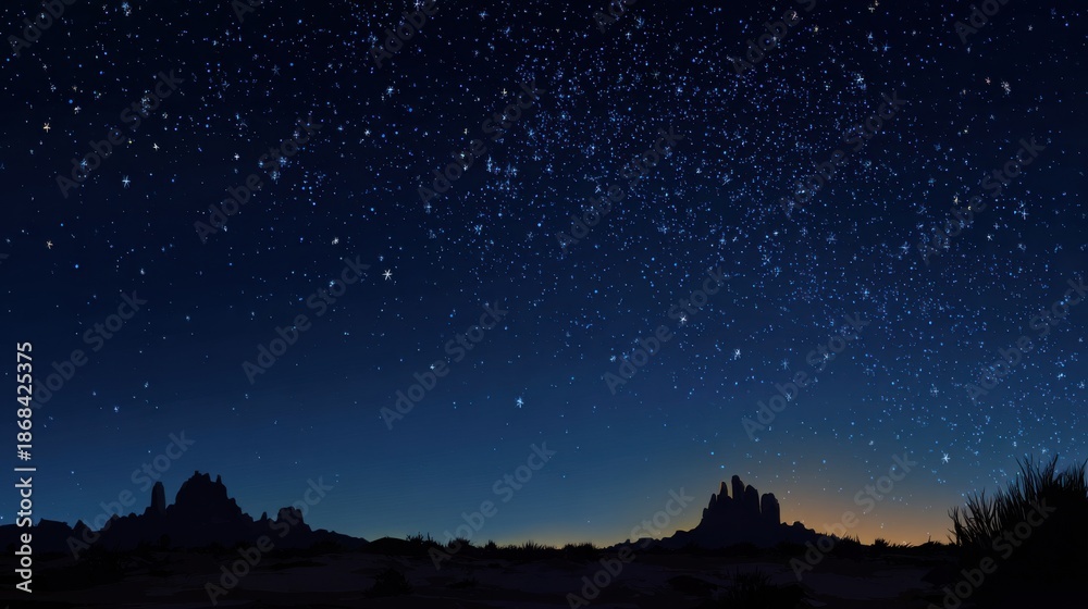 Fototapeta premium Starry Night Sky Over Desert Landscape with Silhouetted Mountains