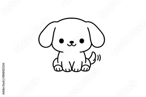 Cute adorable puppy dog sitting down with floppy ears in simple black and white kawaii style