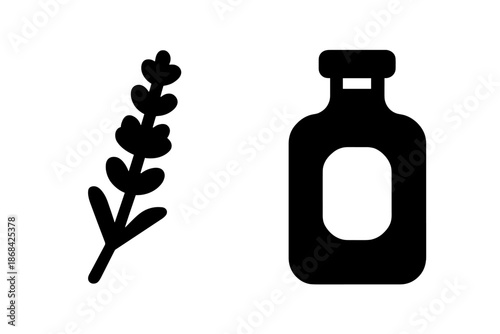 Lavender flower stem and essential oil bottle icon for natural wellness and spa treatments