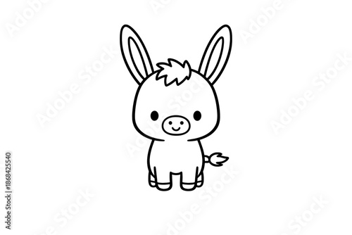 Cute baby donkey standing facing forward in simple black and white style