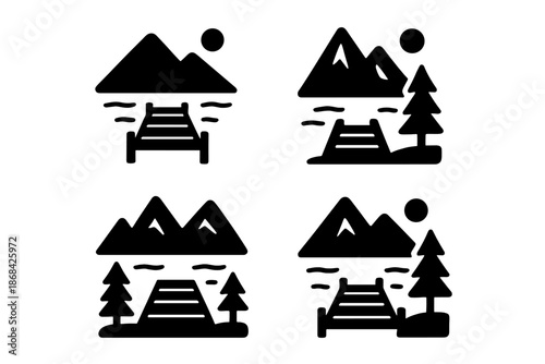 Minimalist black glyphs depicting scenic mountain lake landscapes featuring wooden piers and pine trees
