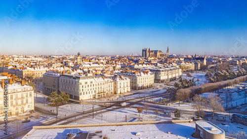Nantes city downtown under winter snow France